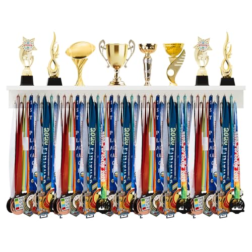 Threehoney Wooden Medal Hanger Display Trophy Holder Shelf with 25/37/49/65/83 Hooks Wall Mount...