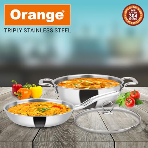 Image of Orange Stainless Steel Triply 3 pc Combo Cookware Set | (Kadai 3ltr, 24cm) & (Fry pan 1.5ltr, 22cm) with Glass lid | Induction Friendly | 2.5mm Thickness | 5Year Warranty | Silver