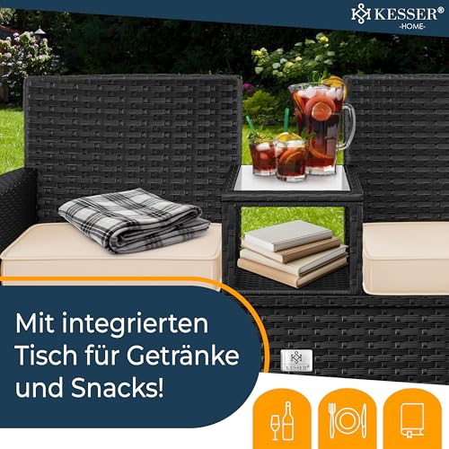 KESSER® Polyrattan Gartenbank mit Tisch, 2 Sitzer, 143x63x88cm Gartenbank wetterfest, Sitzbank Outdoor, Balkonbank mit Ablage, Gartenmöbel Rattan Bank für Garten & Balkon + Kissen & Cover, Schwarz 3