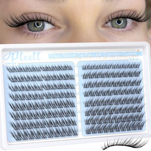Pleell Cat eye Lash Clusters Wispy Eyelash Clusters Natural Fox Eye Lashes Left&Right Spikes Cluster Eyelash Extensions Fairy Cluster Lashes(160PCS, J Curve, 10-16MM)