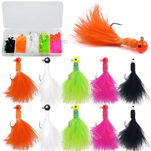Crappie Jigs Rooster Feather Tail Fishing Jigs 20pcs Marabou Jigs Lures Kit