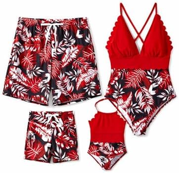 PATPAT Mommy and Me Matching Swimsuit One Piece Leaves Printed V Neck Bathing Suits Family Swimwear Matching Set