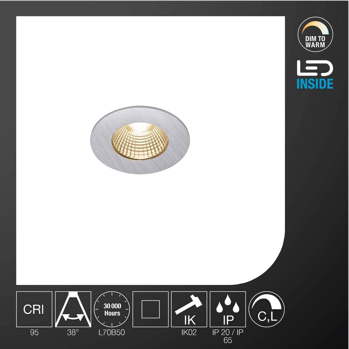 SLV luminaria empotrable de techo PATTA-I/Foco led, luz de inundación, proyector de techo, iluminación de interior / IP20/IP65 1800-3000K 7,3 W 440lm aluminio regulable 38 grados