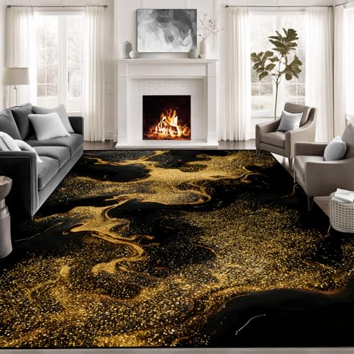 Tapete abstracto mármol 160x210 cm antideslizante negro dorado miniatura 4
