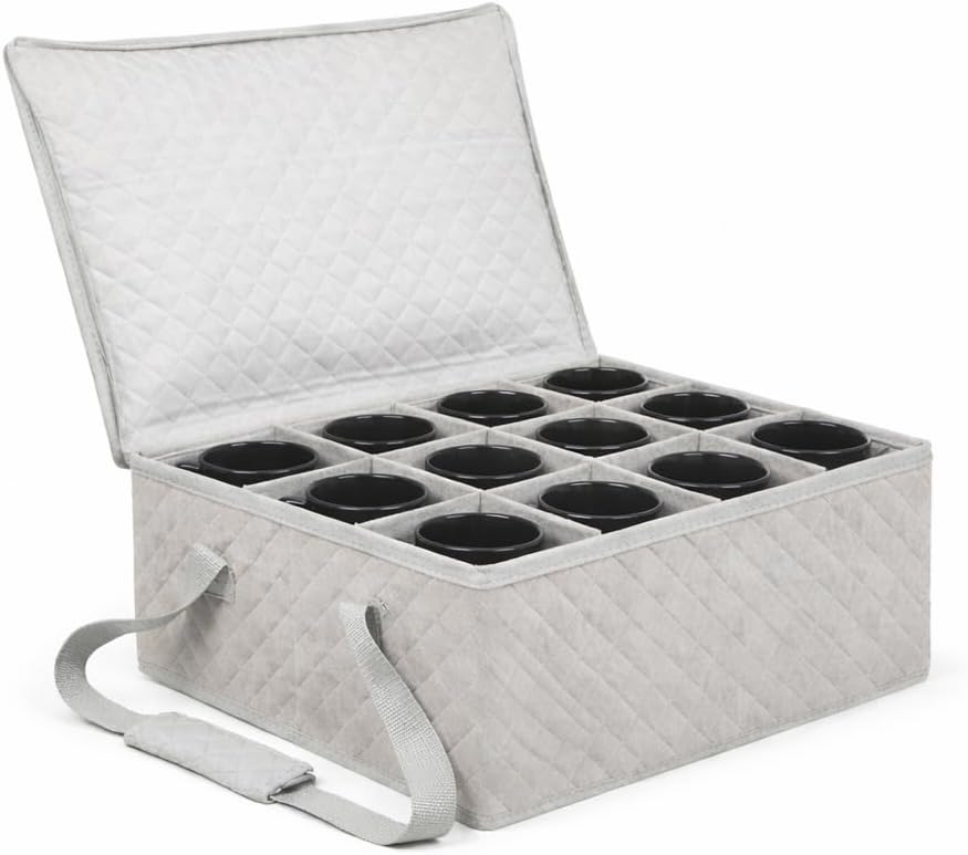 Coffee Mug Storage Bin - Mug Storage Box for Coffee Cups & Mugs (Holds 12 Cups) - Stackable Mug Storage Organizer with Dividers for Kitchen Cabinets & Countertops (Grey & Beige) by Govilla