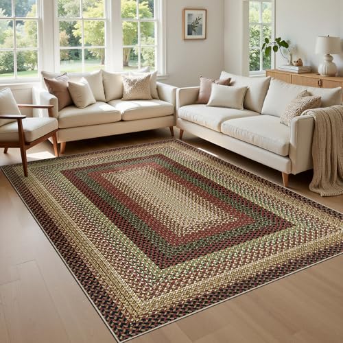Ileading Faux Braided Area Rug 5'x8' Washable Farmhouse, No-Shed Non-Slip Woven Carpet, Pet Friendly Stain Resistant Jute Style Rug for Living Room Dining Bedroom Office