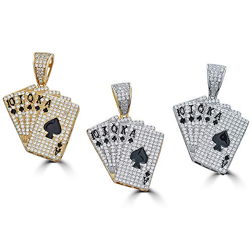 HarlemBling Solid 925 Sterling Silver Iced Ace Of Spades Lucky Royal Flush Pendant - Men's - Great For Any Chain!