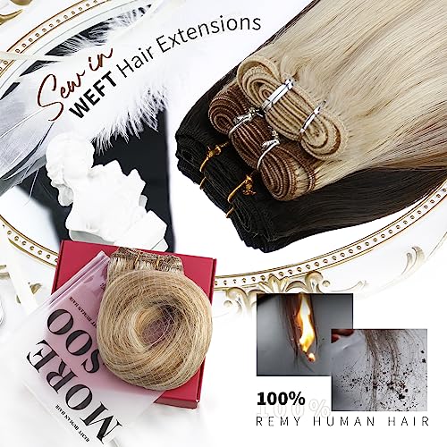 Moresoo Sew in Hair Extensions 20 Inch Medium Brown with Platinum Blonde Double Weft Hair Extensions Real Human Hair Highlight Blonde 100g/Pack #P6/60 - Image 2