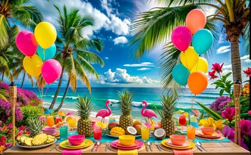 Dudaacvt 7x5ft Summer Hawaiian Beach Photography Backdrop Tropical Flower Palm Leaves Background for Luau Aloha Party Decoration Banner Photo Booths by Dudaacvt - Used condition - Image 4