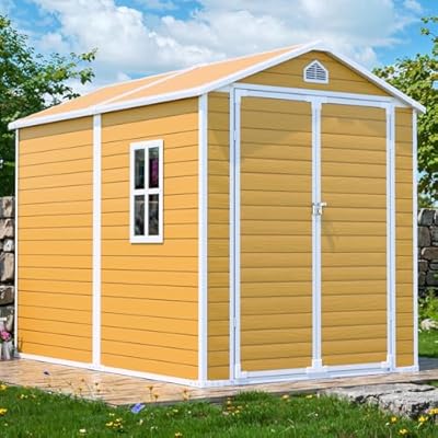 SELLERWE 8x6 FT Outdoor Storage Shed, Waterproof Resin Shed with Floor & Lockable Door & Window & Vents, Plastic Tool Shed for Backyard, Patio, Poolside, All Weather Use, Lawn, Brown