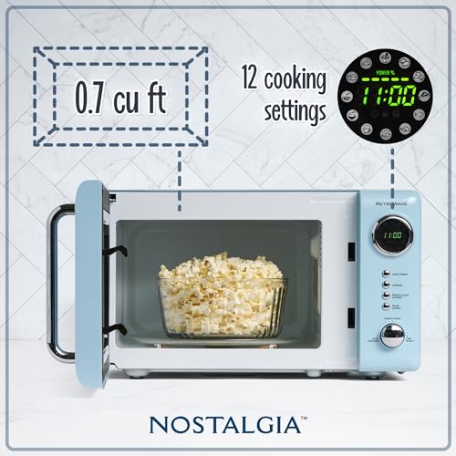 Image of Nostalgia Retro Compact Countertop Microwave Oven - 0.7 Cu. Ft. - 700-Watts with LED Digital Display - Child Lock - Easy Clean Interior - Blue