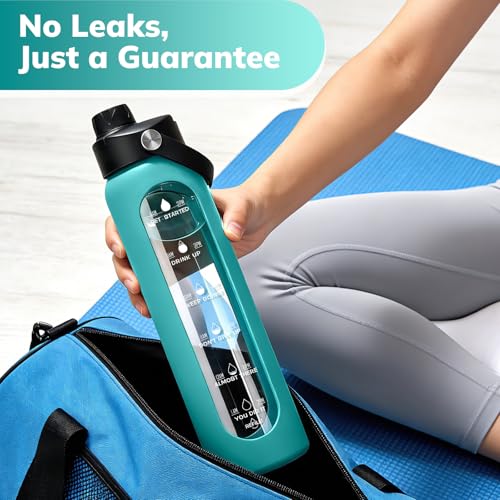 Image of Aqulea 32 oz Glass Water Bottle with 2 Lids - Spout & Straw Lids, 1L Motivational Borosilicate Glass Water Bottle with Time Marker & Silicone Sleeve, Leakproof (Aqua)