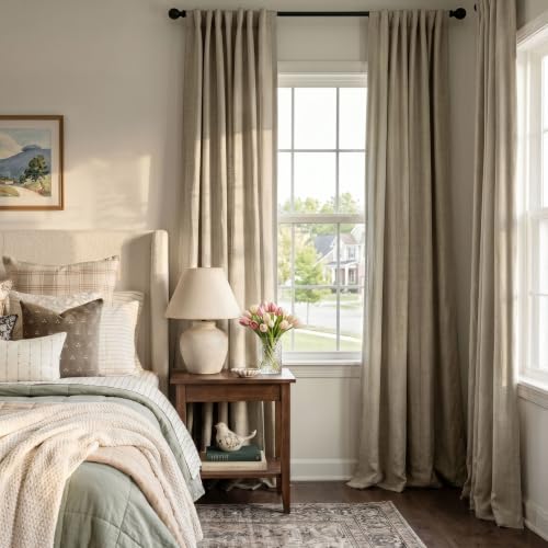 Image of INOVADAY 100% Blackout Curtains for Bedroom, Earthy Beige Black Out Curtains 84 Inch Long, Clip Rings Linen Blackout Drapes, Thermal Insulated Room Darkening for Living Room, 2 Panels - W50xL84
