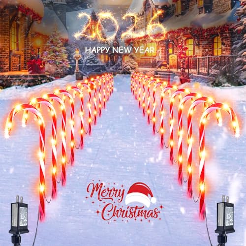 24 Pack Christmas Candy Cane Lights, Christmas Decorations Outdoor Waterproof with 8 Lighting Modes & Memory Function, Plug in Pathway Light for Outside Path Walkway Party Garden Yard Patio Xmas Decor by EEW - Used condition - US$13.19