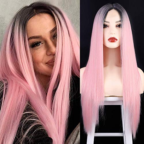 Long Straight Hair Ombre Pink Wigs for Women 28 Inches Middle Part Synthetic Wigs Long Silky Straight Wigs forCodplay, Daily Use (Dark Root Ombre Pink)