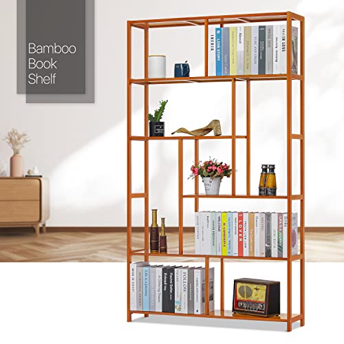 Monibloom 5 Tier Narrow Bookcase Etagere Organizer, Bamboo Freestanding Display Shelf Storage Organizer For Home Living Room Office Bedroom, Brown #TOP7