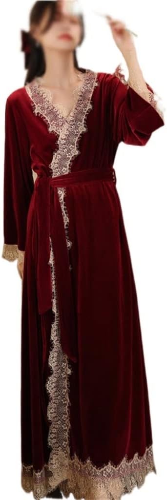 Women's Velvet Pajamas Two-piece Autumn And Winter Warm Robe Set Sexy Lace V-neck Pajamas