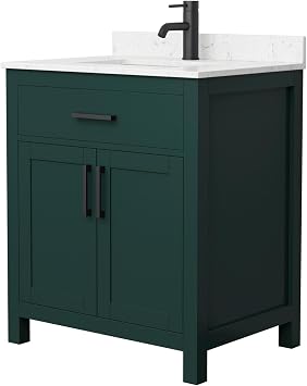 Beckett 30 Inch Single Bathroom Vanity in Green, Carrara Cultured Marble Countertop, Undermount Square Sink, Matte Black Trim