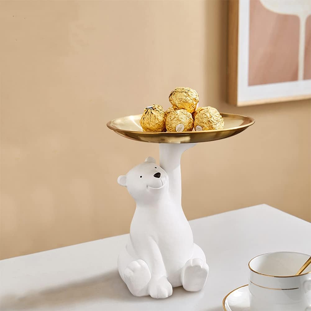 WAYUTO Resin Polar Bear Sculpture with Metal Tray Animal Figurine Ornament Standing Statue Candy Dish Decorative Tray for Keys Home Office Table Desk Decoration Bear