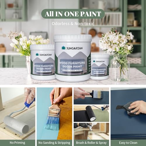 Jungarian Furniture Paint 32oz - Water-based & Low Odor No Sanding All-in-One - Matte Finish Indoor Outdoor Wood Paint for Cabinets, Doors, Tables and Dressers, Faded Flaxflower