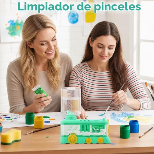 Miniatura 7 de Foyucool Limpiador De Pinceles Automático Con Ciclo De Agua, Diseño De Tren Creativo Con 10 Pinceles Y Paleta, Kit De Enjuague De Brochas Para Acrílico Y Acuarela, Regalo Para Niños Y Artistas Green