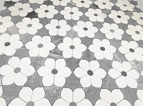 Stone Center Online Thassos White Marble Magnolia Flower Mosaic Tile W/ Bardiglio Gray Honed Kitchen Bath Wall Floor Backsplash Shower (1 Sheet) #TOP4
