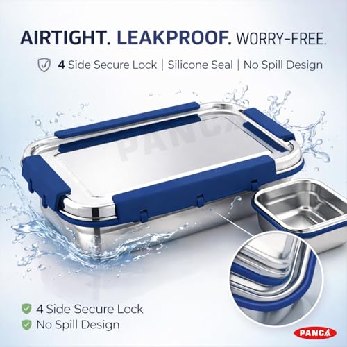 Image of PANCA Stainless Steel Lunch Box | Airtight Leakproof Tiffin for Office & School | Kitchen Accessories | 1400ml + 250ml Food Grade Steel with 4 Side Lock (Blue)