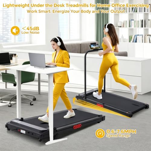 Image of Walking Pad Treadmill with Handle Bar and Incline for Home Small | Portable Walking Pad Treadmill with Handles and Incline, 3.0HP Electric Under Desk Treadmills for Home, 0.6-7.6MPH, 350LBS
