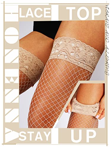 Image of HONENNA Fishnet Thigh High Stockings, 20+ Colors Silicone Lace Top Stay Up Nylons Tights for Woman, Size A-D