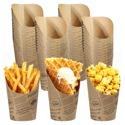 Lot de 50 Gobelet en Papier Kraft Frites, 14 oz Cornets Frites en Papier Kraft, Porte Frites Tasses, Sacs à Gobelet, Gobelets à Bonbons, Pour frites, pop-corn, crème glacée, brochettes de fruits