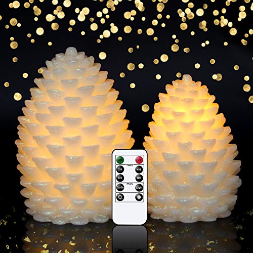 Image of Wondise Pine Cone Flickering Flameless Candles with Remote and Timer, Battery Operated LED Real Wax Flameless Candles, for Christmas Decoration, Set of 2(Ivory)