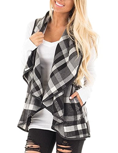 Yanekop Womens Lapel Sleeveless Open Front Hem Plaid Vest Cardigan Jacket With Pockets(Black,L)