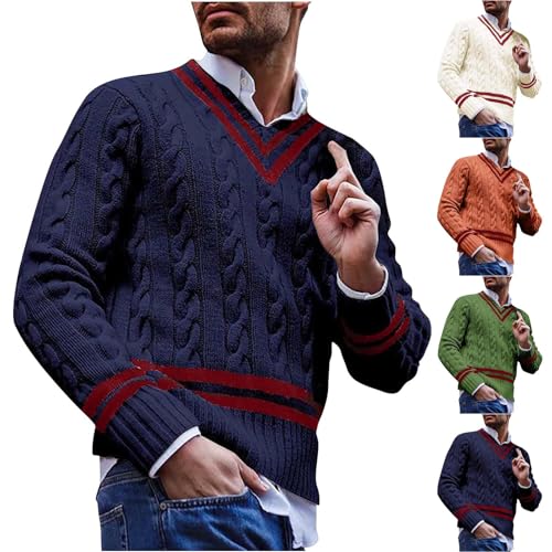 Cambkatl Men's Preppy V Neck Pullover Sweaters Vintage Striped Cable Knitted Long Sleeve Comfort Fall Winter Jumper Tops2