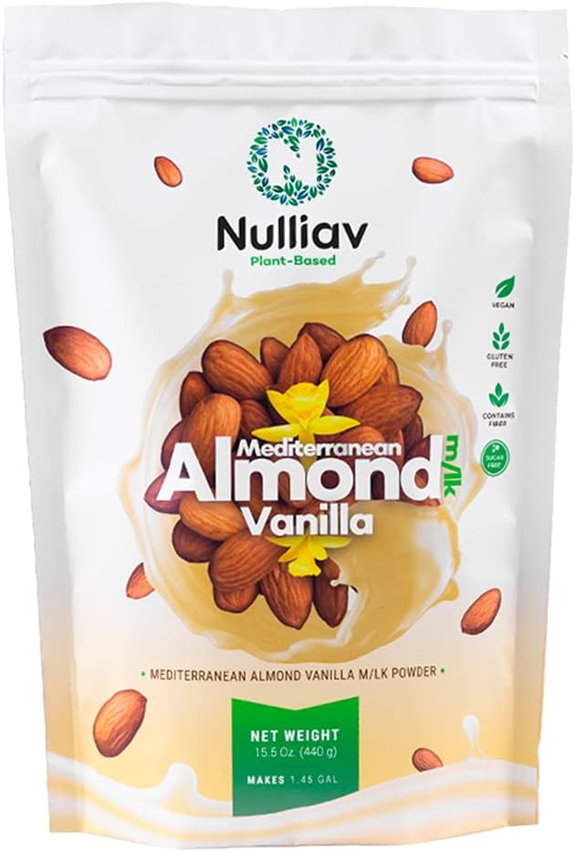 NULLIAV | Almond Milk Powder Vanilla - High Protein Blend with Prebiotic Fiber powder For Gut Health and Digestion - Vegan Plant Based Dairy Free Formula For Lactose Intolerance - 15.5oz Bag Portable Convenient