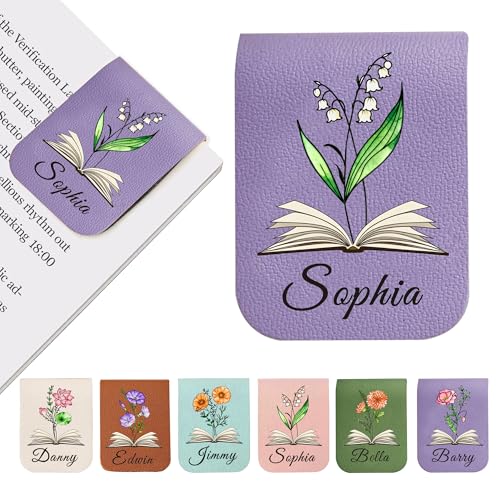 EDSG Personalized Magnetic Bookmarks Leather Bookmark Clip with Birth Flower & Name Custom Bookmarks for Book Lovers Reader Teacher Book Mark for Women Men Christmas (Purple-Magnetic V1)