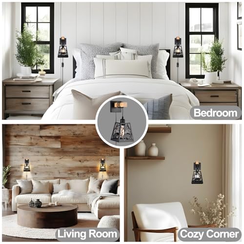 Image of Plug in Wall Sconces Set of 2,Bear Matte Metal Rustic Sconces Wall Lighting,Black Farmhouse Wall Sconces,Bathroom Light Fixtures Indoor,Industrial Wall Lamps for Bedroom,Living Room,Bedside