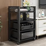 Stilvolles Metall-Audio-Regal auf Rädern, 2 Etagen, verstellbare MDF-Regale, dekoratives Hohlmuster für Wohnzimmer, Gaming und Studio, Medienständer, moderne Stereo-Aufbewahrungslösung