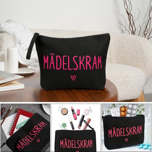 MEJOSER Mädelskram Kosmetiktasche Klein Schwarz Krimskrams Kulturtasche Schminktasche Mädchen Geschenke für Damen Frauen Freundin Mama Kollegin JGA Team Braut Kulturbeutel Make Up Tasche mit Spruch