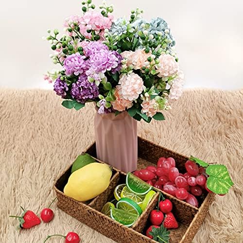 SNAILGARDEN 40Heads Artificial Hydrangea Flowers, 4Pack Fake Silk Mini Hydrangea with 1 Vase Kraft Paper Bag-Mini Artificial Chrysanthemum Ball Perfect for Home Office Wedding Baby Shower Party Decor