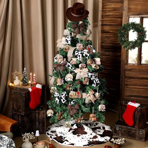 Gemscream 38 Pcs Western Christmas Tree Ornament Set Cow Stripe Plush Faux Fur Christmas Tree Skirt Cowboy Hat Ribbon Hanging Decoration for Western Cowboy Party Decorations by Gemscream - Image 5