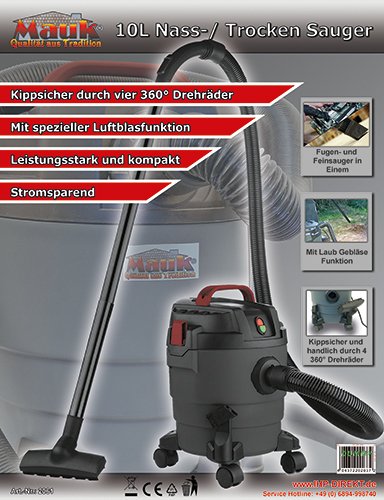 Mauk Nass-Trocken Sauger kompakt 1000W 10L Blasfunktion Schwarz | Staubsauger Blasfunktion | Push&Clean | Industrie… - Image 6