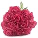 IPOPU 10 Pcs Romantic Real Touch Artificial False Latex Silk Blooming Roses Bouquet Floral Leaf for Home Wedding Party Garden Bridal Hydrangea Decorations DIY (Fushia Rose)