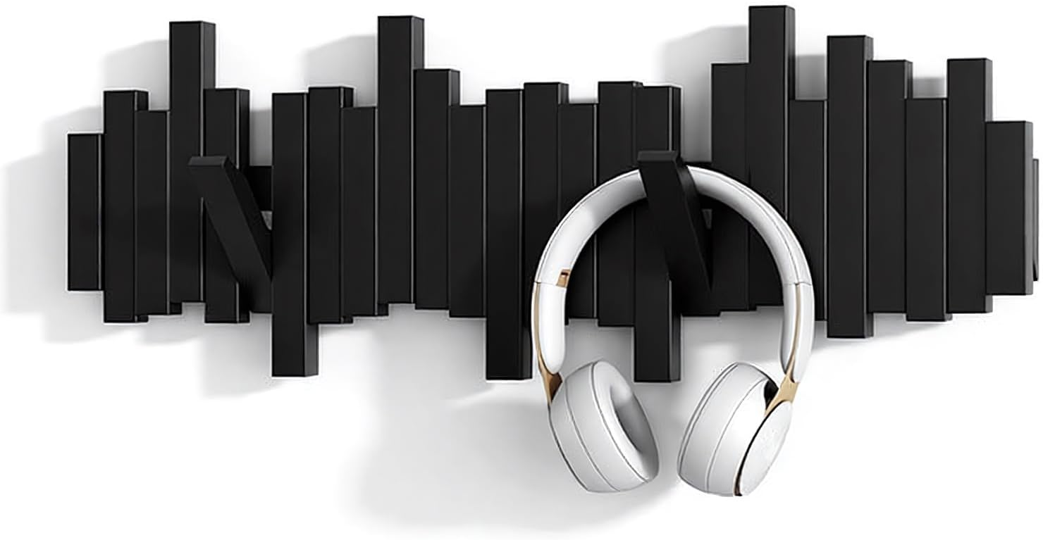 Modern Wooden Coat Rack, key holder wall mount– Handmade Solid Walnut Flip Hook Rack with Hidden Mount, Decorative Entryway Wall Hooks for Coats, Bags & Hats, Space-Saving Design (Black,8Hooks)