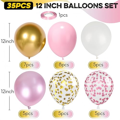 Image of Pink Gold Balloons Set, 12 Inch Pink White Latex Balloons Pink Confetti Helium Balloons Pink and Metallic Gold Party Balloons for Bridal Baby Shower Wedding Girl Women Birthday Decorations