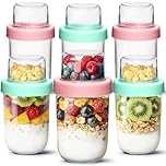 ComSaf Overnight Oats jars with Lids （16oz+4oz 6Pcs）, Dual-Laryer Chia Pudding Jars with Dry and Wet Separation, Yogurt Parfait Contianer for Oatmeal Cereal Nut Fruit, Meal Prep Glass Jars for Salad