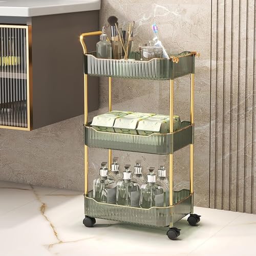 Carrello multiuso a 3 ripiani in acrilico verde con ruote bloccabili, versatile carrello portaoggetti per bagno e cucina, eleganti ripiani con maniglia per una facile mobilità