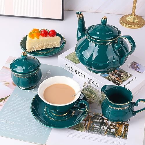 Chenp.hmc Tea Set 22-Piece Porcelain Ceramic Coffee Tea Gift Sets Cups Saucer Service For 6 Teapot Sugar Bowl Creamer Pitcher And Teaspoons Porcelain Tea Set For Mother's Day(Without Mug Hooks) #TOP3