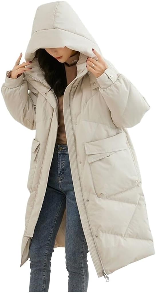 Women's Beige Down Jacket Warm Knee Length Hood Warm Jacket with Hat for Women