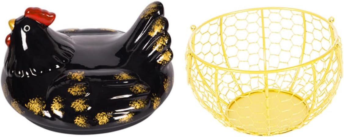 Farmhouse Wire Egg Basket with Chicken Lid, Black and Gold Iron Egg Holder for Kitchen Storage and Desktop Organization