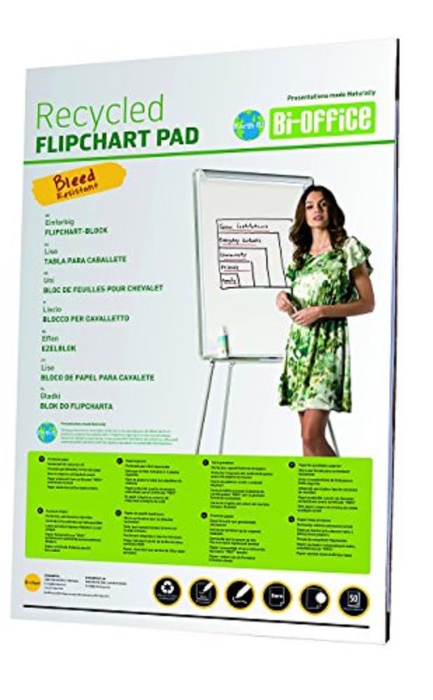 Bi-Office Earth-It Bloc de Papel Reciclado para Pizarra Rotafolios, Euro, 50 Hojas por Bloc, 55 g/m², Paquete de 5 Bloques